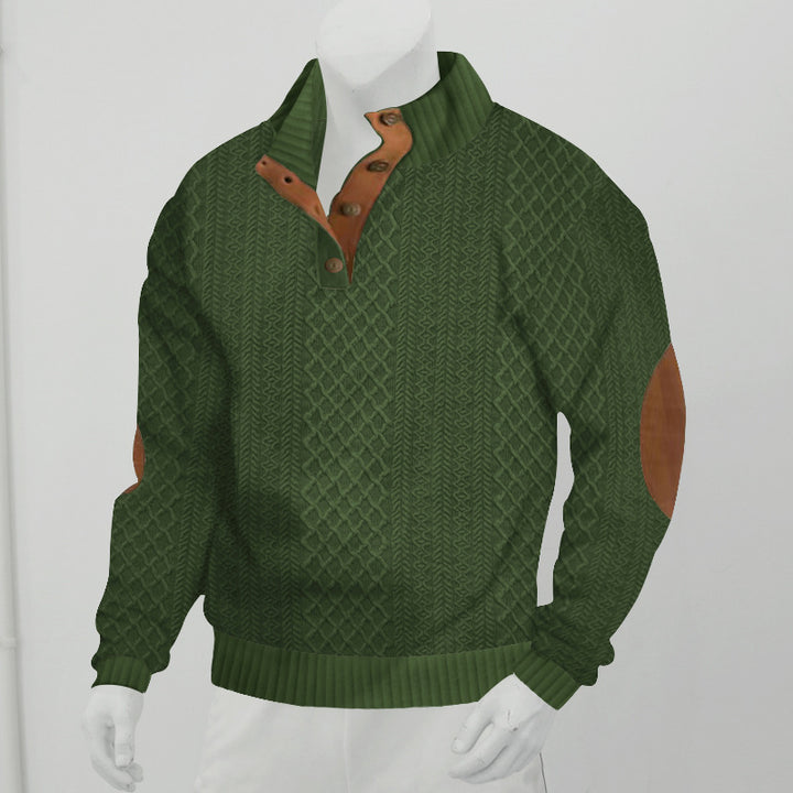 Men's cable knit turtleneck with stand-up collar, half button placket, and contrasting leather applications StylebySassy