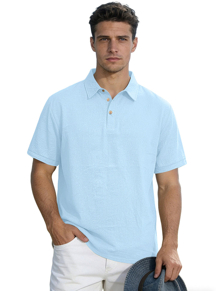 Men's short-sleeve polo with shirt collar, short button placket and structured cotton blend StylebySassy