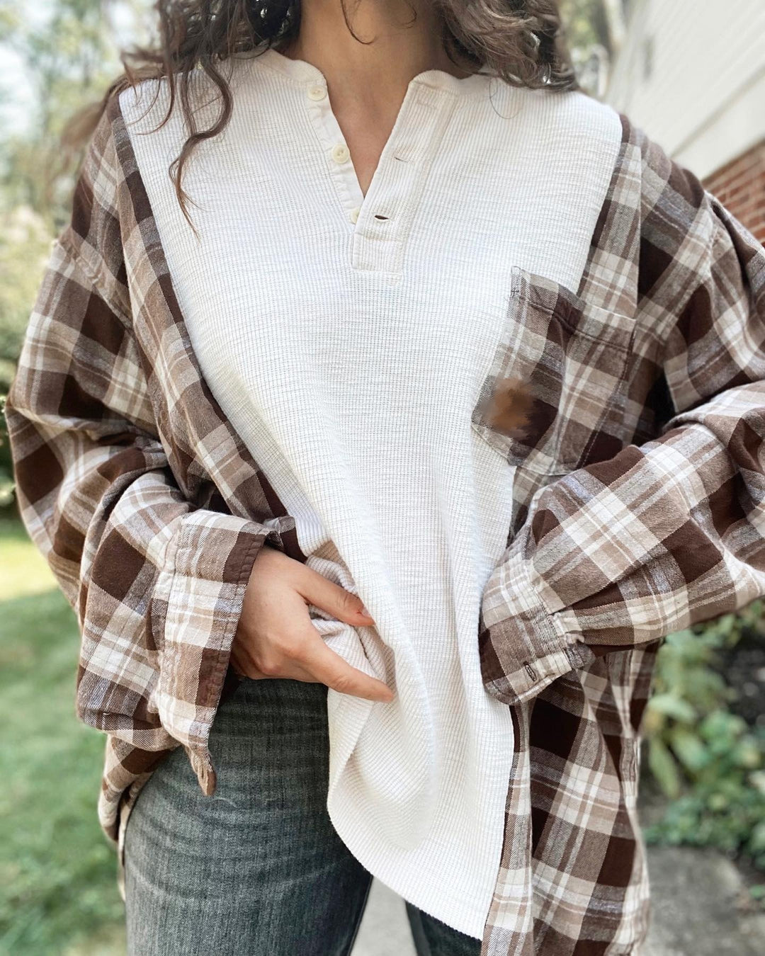 Women's checkered flannel overshirt with patch chest pocket, roll-up sleeves, and relaxed oversized fit StylebySassy