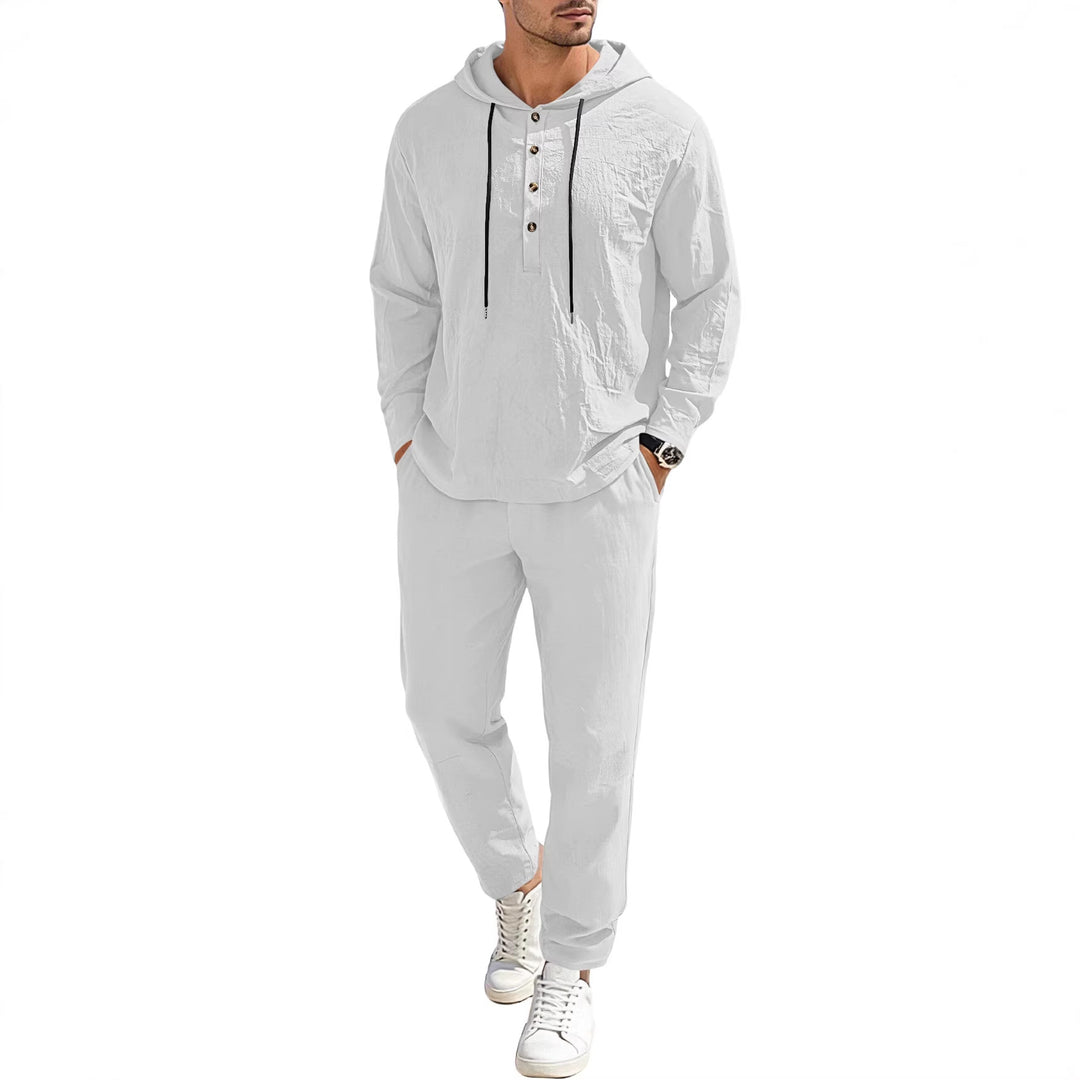 Men's relaxed hoodie Henley leisure suit made of lightweight cotton blend with linen look, featuring drawstring and elastic waistband pants StylebySassy