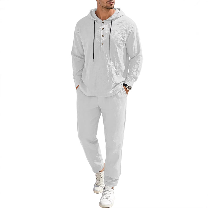 Men's relaxed hoodie Henley leisure suit made of lightweight cotton blend with linen look, featuring drawstring and elastic waistband pants StylebySassy