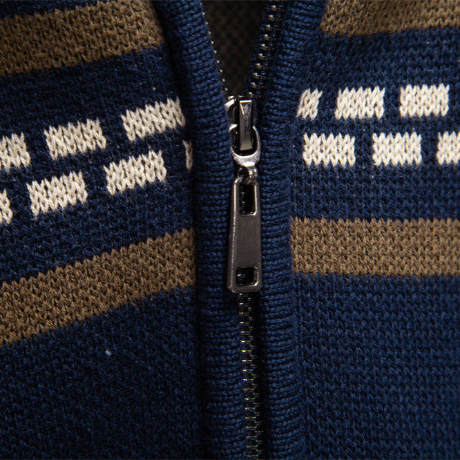 Men's knitted jacket with full zipper, stand-up collar and Nordic geometric intarsia pattern StylebySassy
