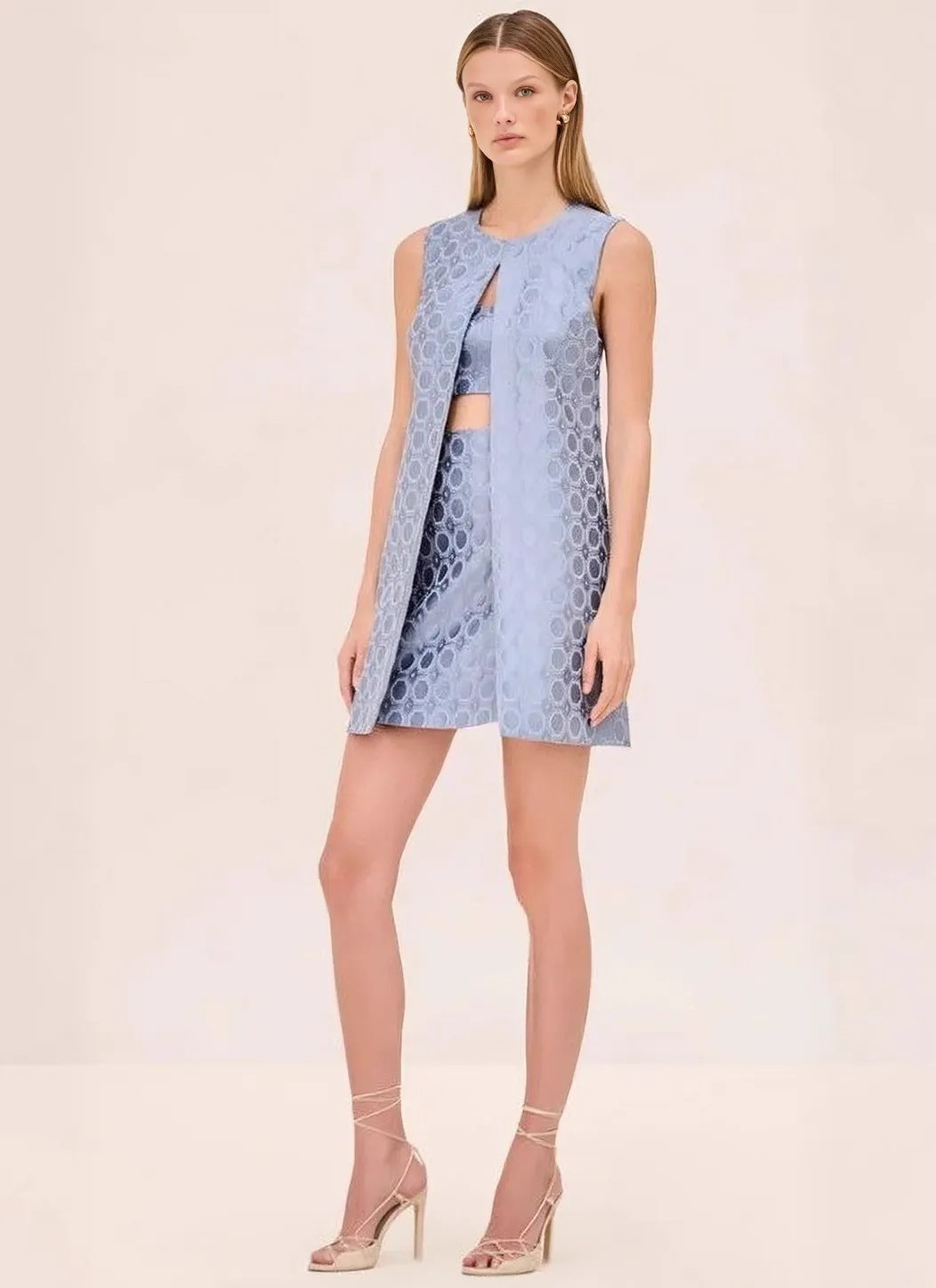 Women nan Jacquard two-piece with sleeveless long vest and fitted bustier mini dress StylebySassy