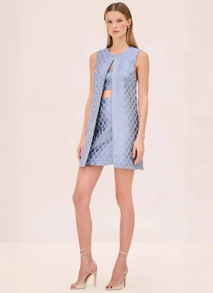 Women nan Jacquard two-piece with sleeveless long vest and fitted bustier mini dress StylebySassy