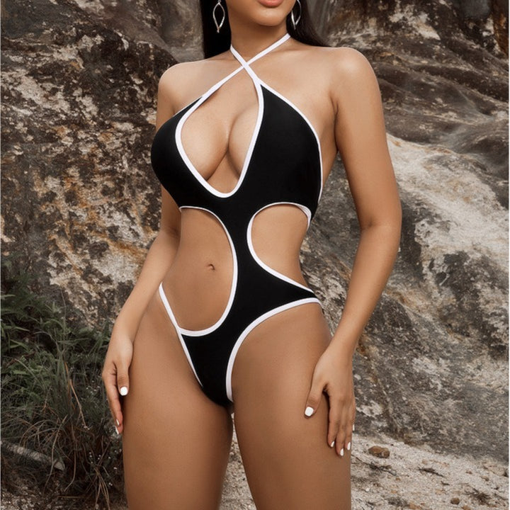 Women's Cut-Out Swimsuit with Deep V-Neck and Crossed Straps StylebySassy
