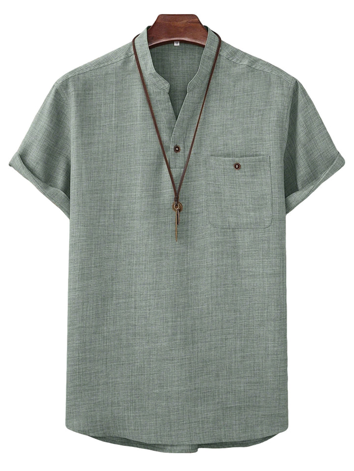 Men's casual Mandarin-style short-sleeve shirt with half-button placket, patch chest pocket, and rounded hem StylebySassy