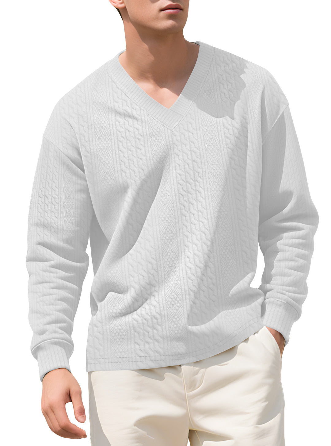 Men's structured V-neck knitted sweater with cable and honeycomb pattern StylebySassy