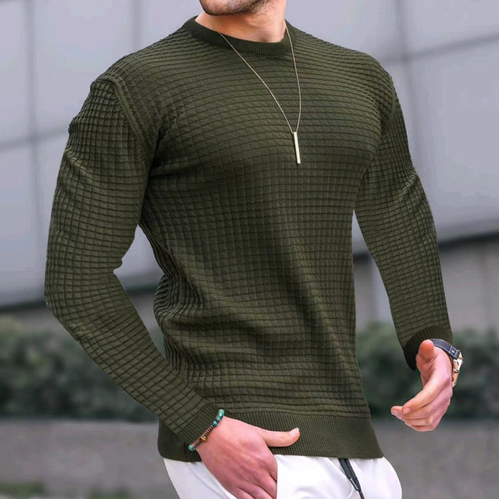 Men's fitted waffle round neck sweater made of fine knit with ribbed cuffs StylebySassy