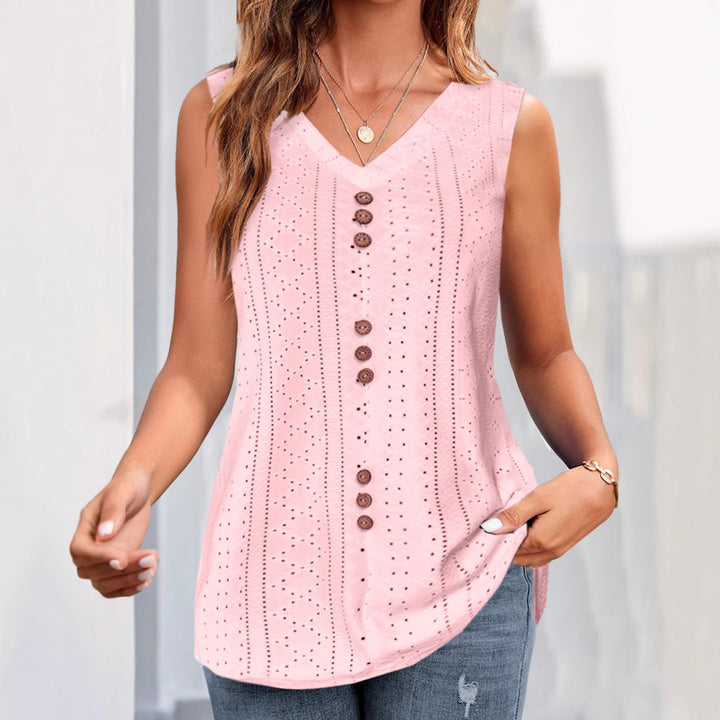 Women's sleeveless broderie anglaise top with V-neck and decorative button placket StylebySassy