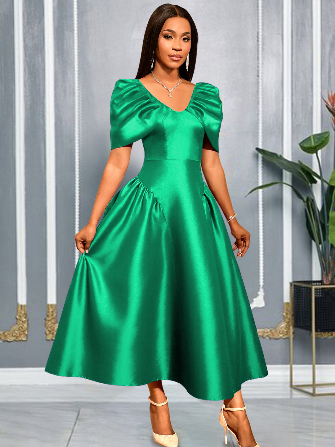 Ladies Elegant Satin Evening Dress with Voluminous Puff Sleeves StylebySassy