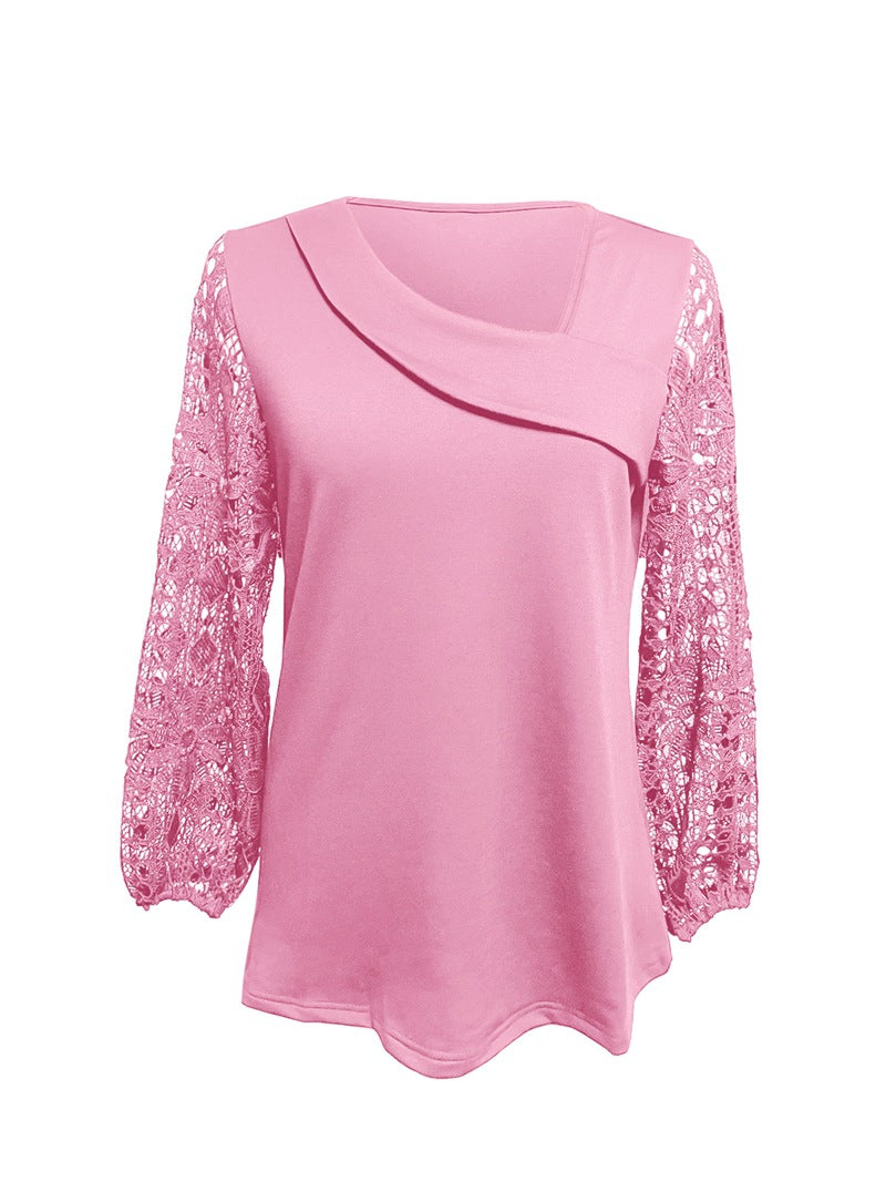 Ladies nan tunic top with asymmetrical waterfall yoke and floral lace balloon sleeves StylebySassy
