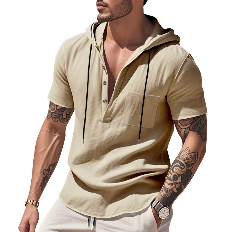Men's lightweight short-sleeve hooded Henley made of single jersey with chest pocket and contrast drawstring StylebySassy