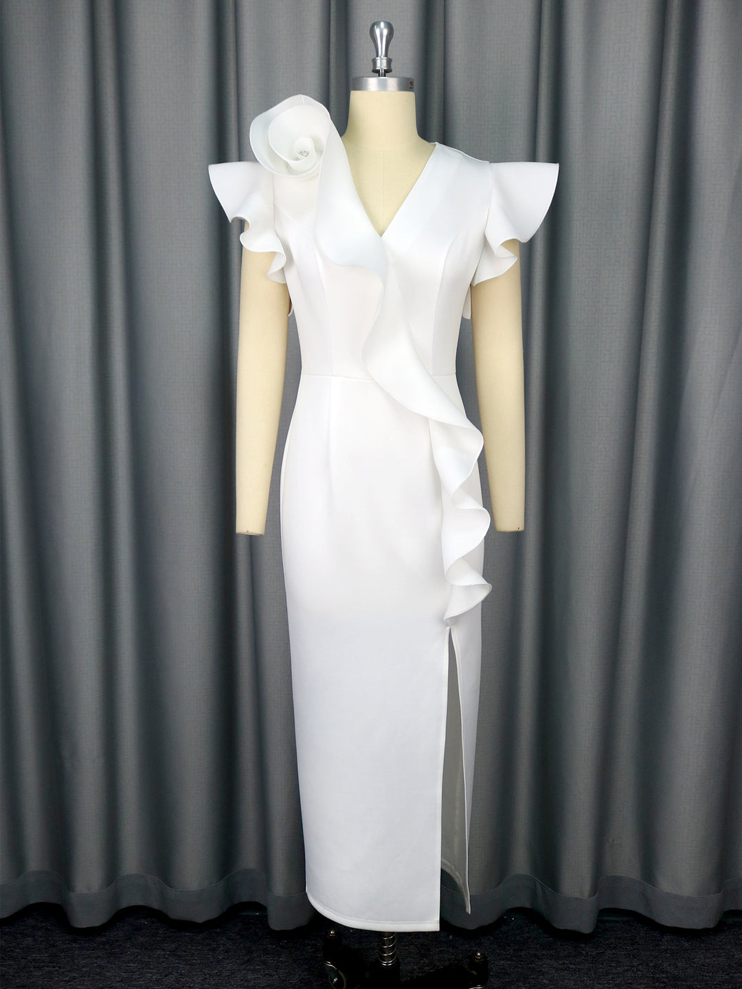 Women's Elegant Midi Dress with Asymmetrical Ruffle Design and Floral Accent StylebySassy
