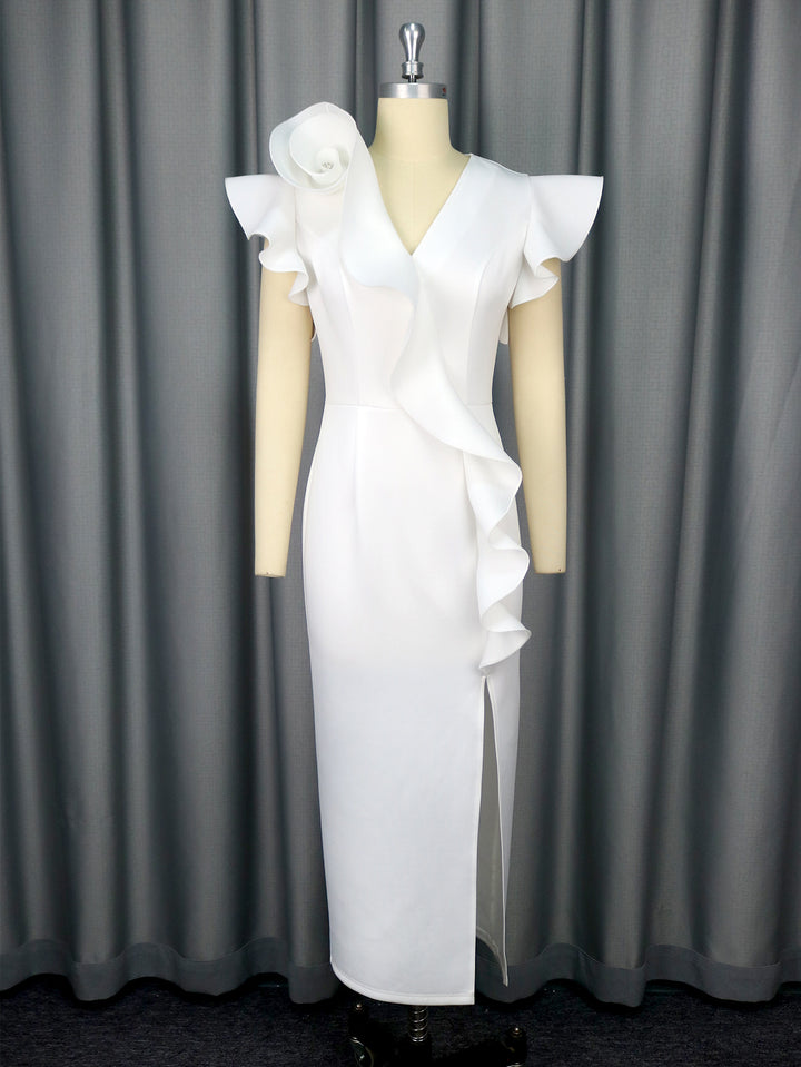 Women's Elegant Midi Dress with Asymmetrical Ruffle Design and Floral Accent StylebySassy