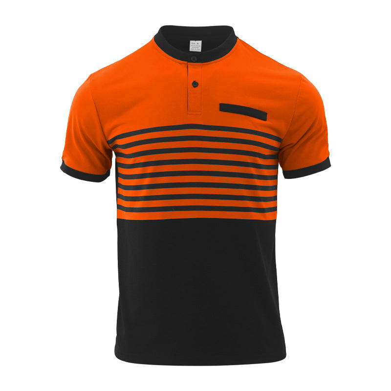 Men's short-sleeved striped short-sleeve shirt with button placket, stand-up collar and chest piping StylebySassy