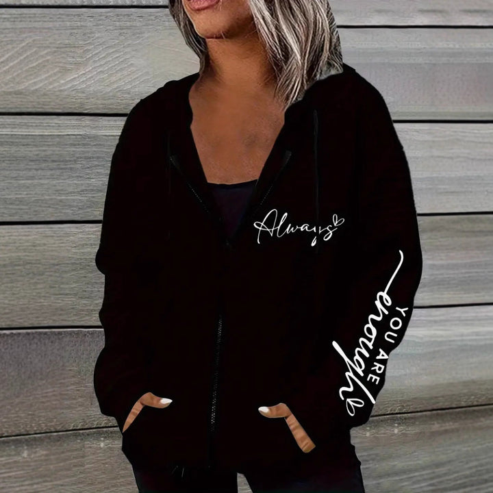Women's oversized hooded jacket with zipper, handwritten typo application and contrast side pockets StylebySassy