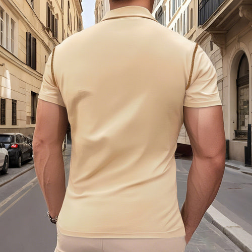 Men's short sleeve polo with chest pocket, contrasting quilted seam and shirt collar StylebySassy