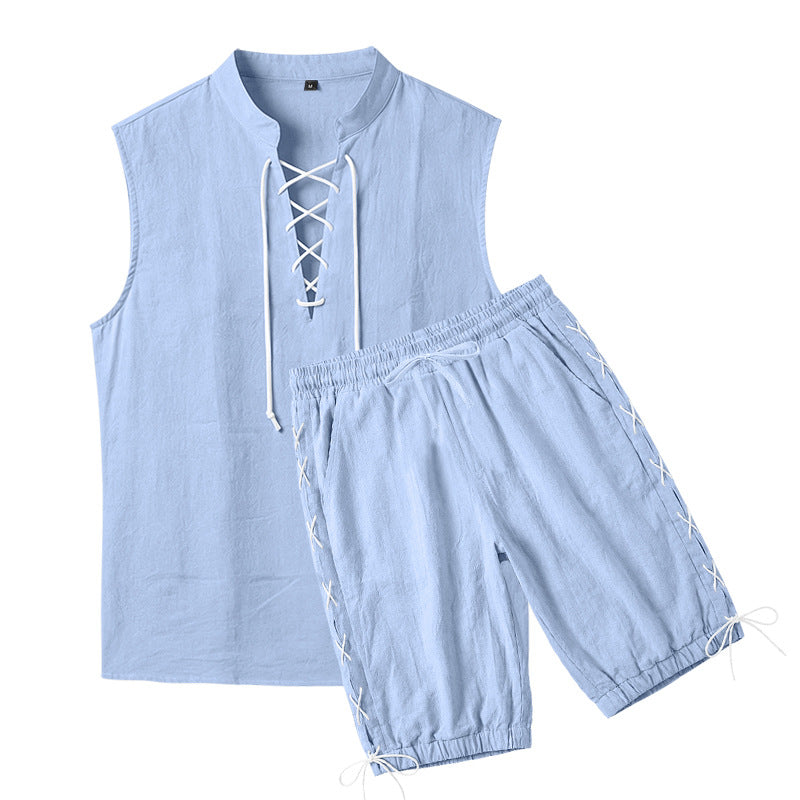 Men's sleeveless leisure set with lace collar and drawstring Bermuda StylebySassy