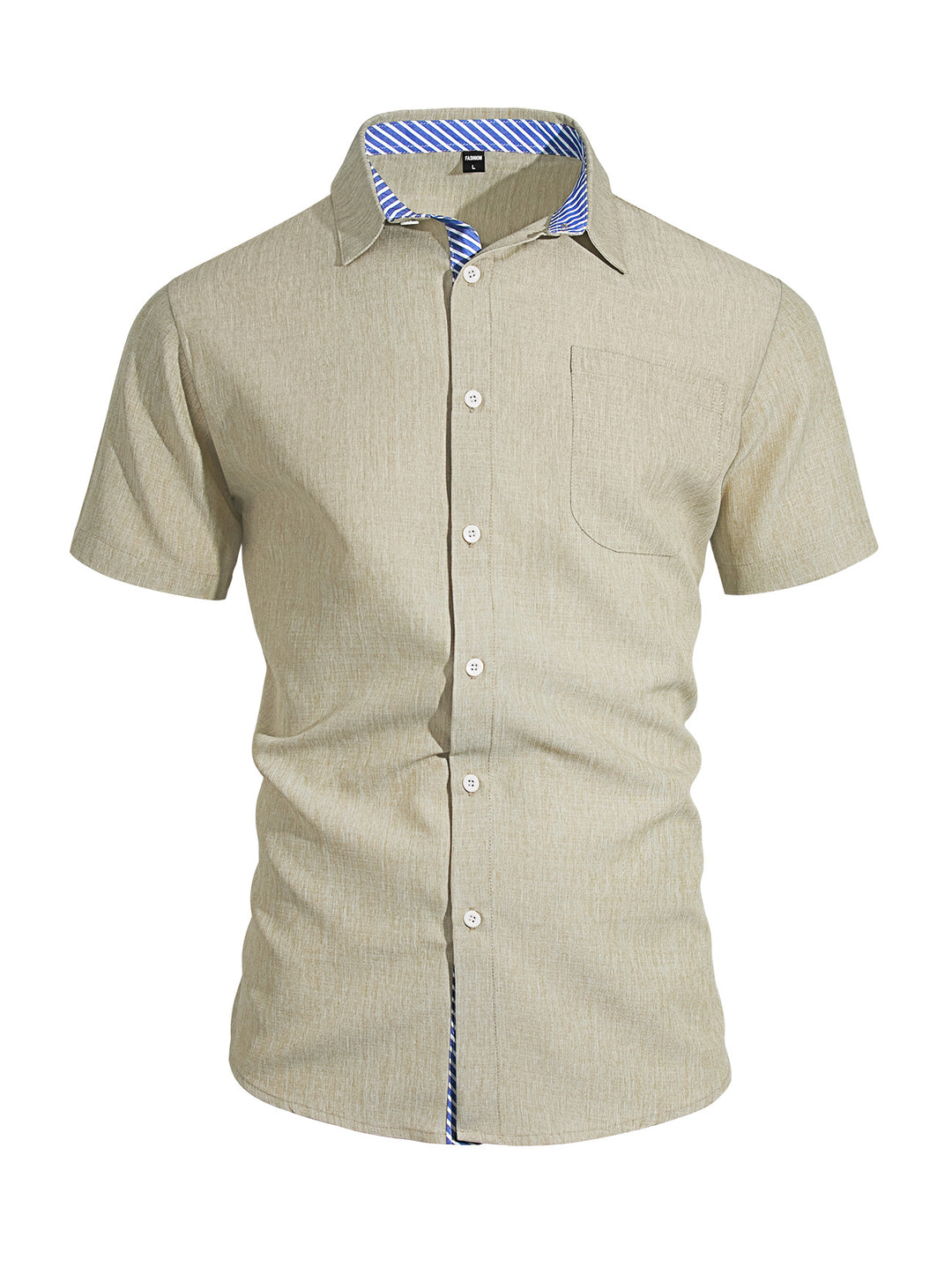 Men's Business Casual Short Sleeve Shirt with Striped Collar Lining and Chest Pocket StylebySassy