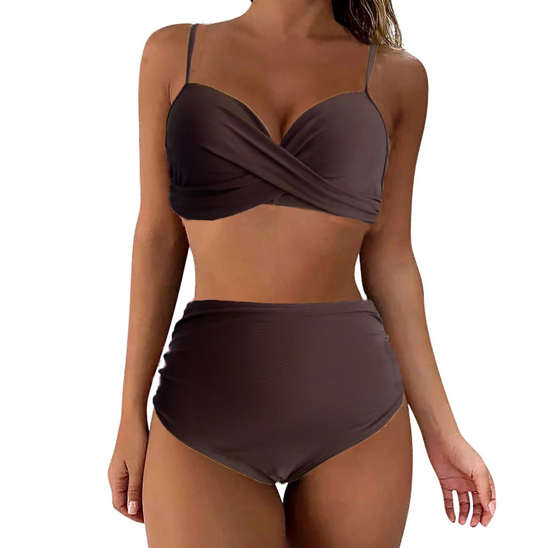 Women's High-Waisted Bikini Set with Floral Top and Gathered Bottom StylebySassy