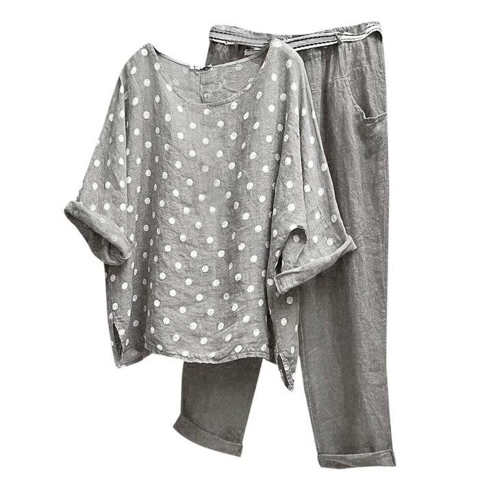 Women's comfortable linen leisure set with loose tunic, polka dot pattern and elastic waistband pants StylebySassy