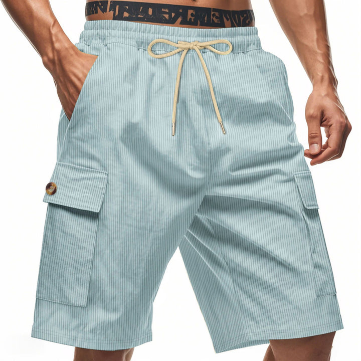 Men's casual utility bermuda with fine ribbed texture, elastic drawstring, and flap pockets StylebySassy