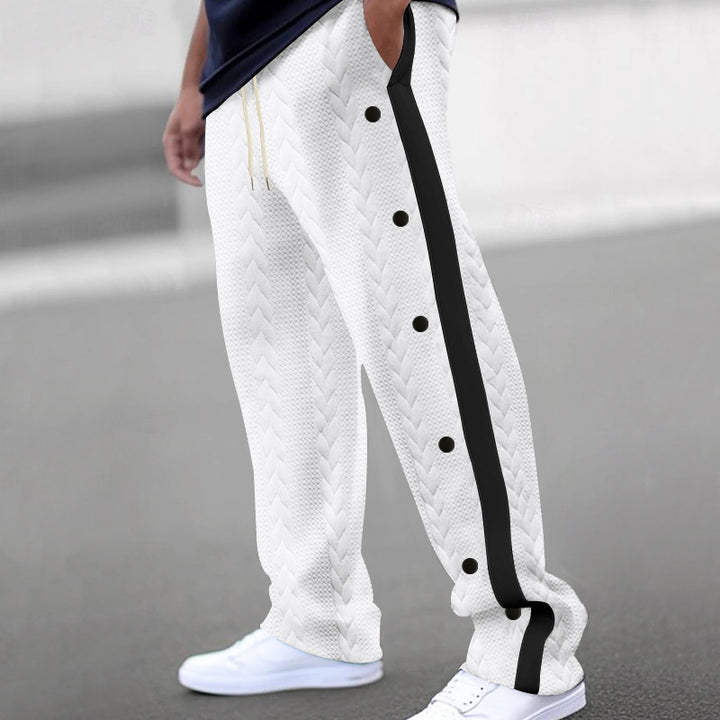 Men's quilted casual pants with continuous snap button placket and contrast stripes StylebySassy
