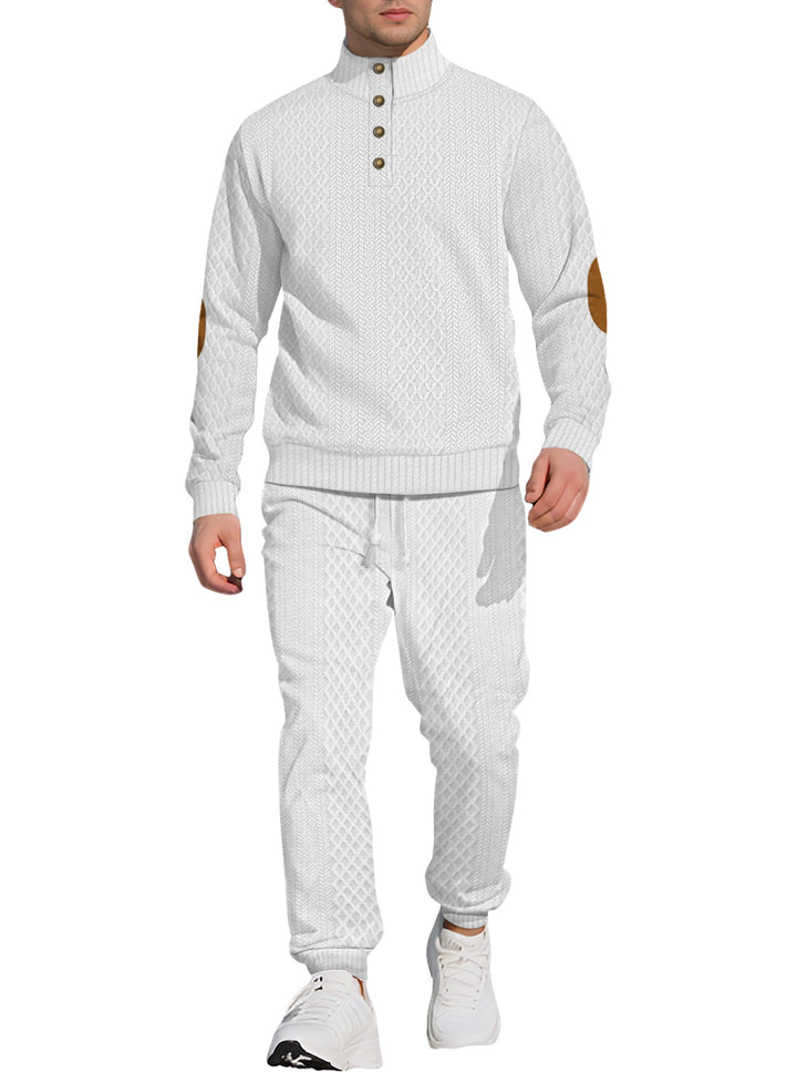 Men's patterned knit leisure set with half-button stand collar suede elbow patches and drawstring joggers StylebySassy
