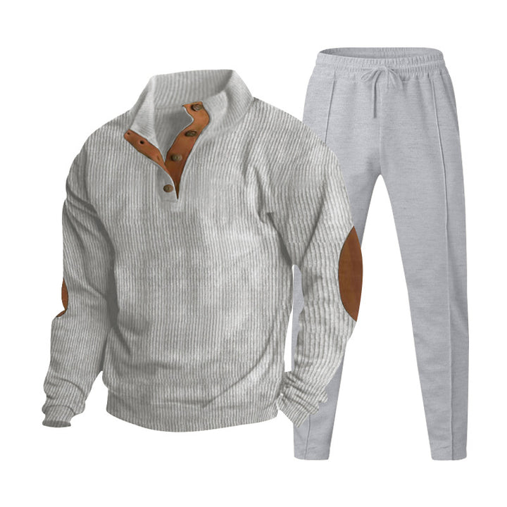 Men's ribbed Henley leisure suit with decorative button placket and suede elbow patches tapered joggers StylebySassy