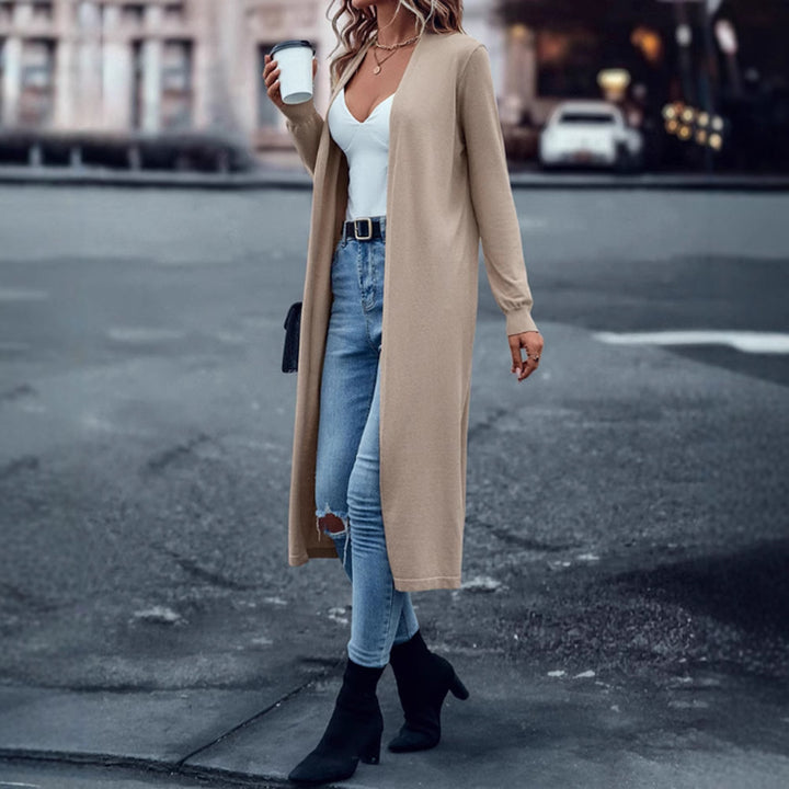 Women's long fine-knit cardigan in duster style with open fall and narrow sleeve section StylebySassy