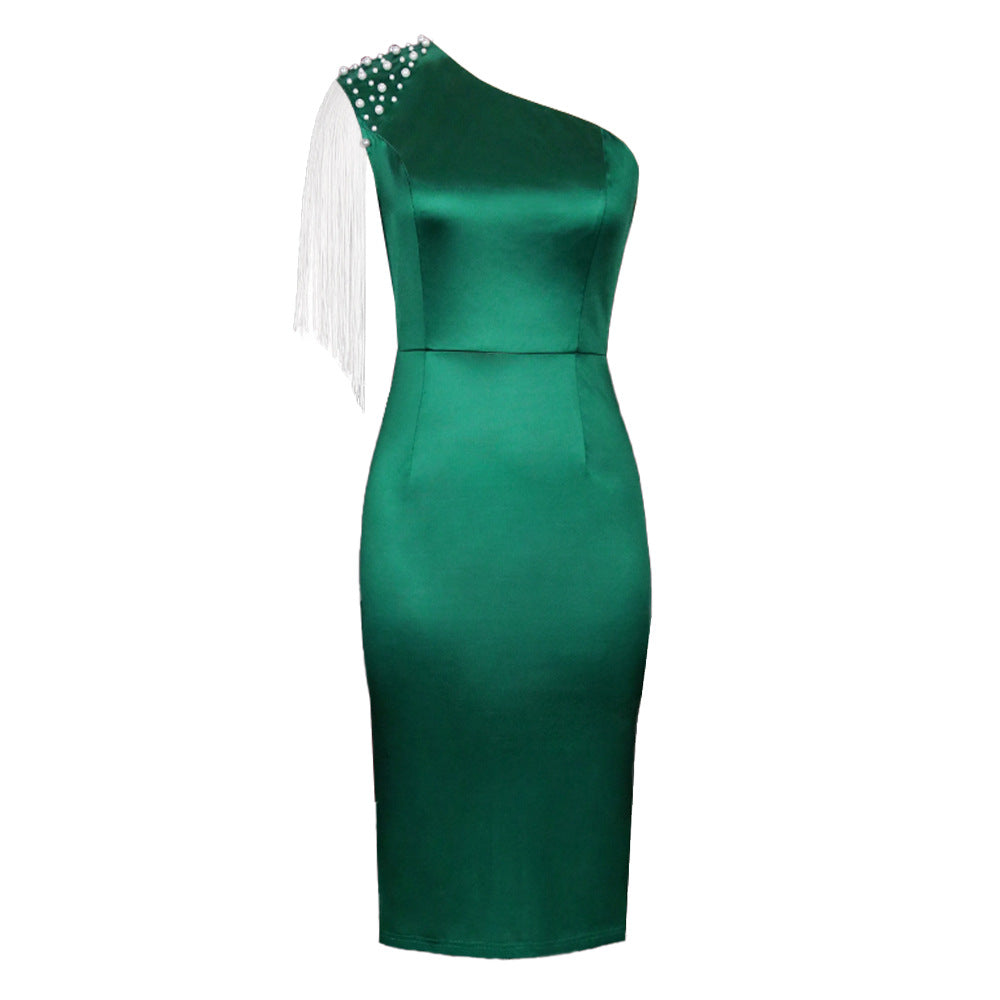Ladies Elegant Asymmetrical Cocktail Dress with Pearl and Fringe Details StylebySassy