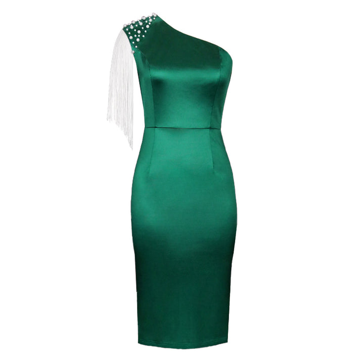 Ladies Elegant Asymmetrical Cocktail Dress with Pearl and Fringe Details StylebySassy