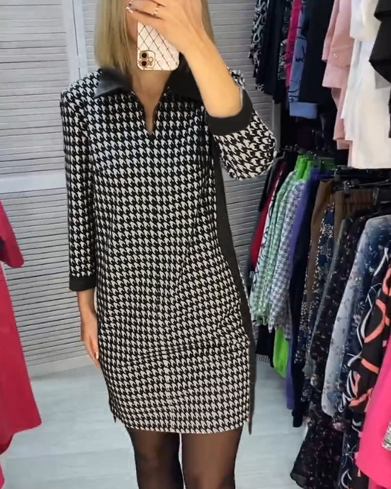 Ladies knee-length knitted dress with houndstooth, polo collar and side insert pockets StylebySassy