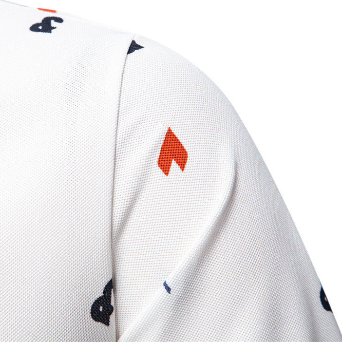 Men's short-sleeved pique polo shirt with geometric all-over print, kent collar, and contrast trim StylebySassy