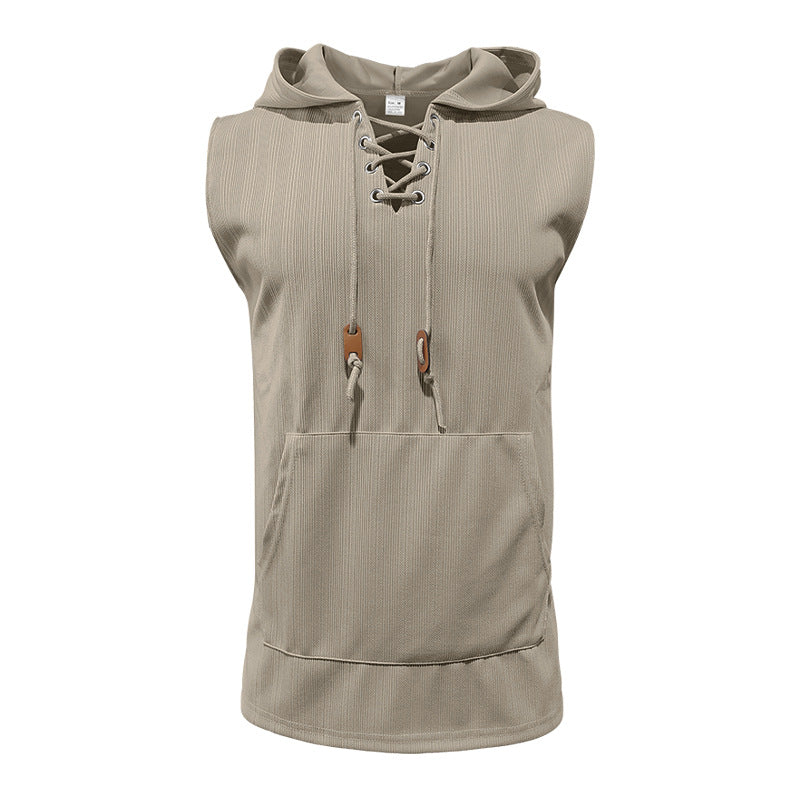 Men sleeveless hoodie sweatshirt with laced collar and kangaroo pocket StylebySassy