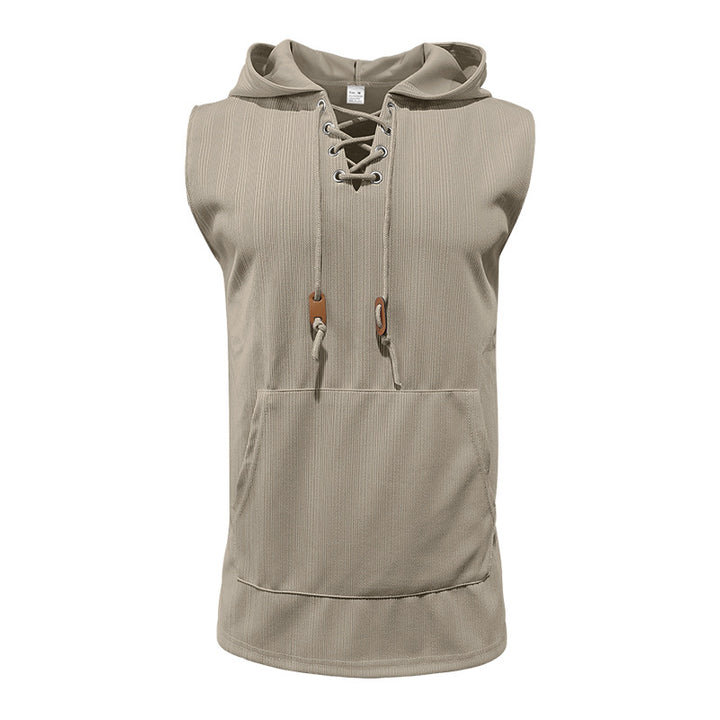 Men sleeveless hoodie sweatshirt with laced collar and kangaroo pocket StylebySassy