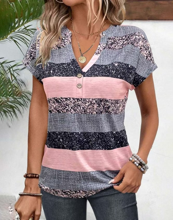 Women's striped viscose blend relaxed shirt with V-neck, rolled sleeves, and decorative button placket StylebySassy