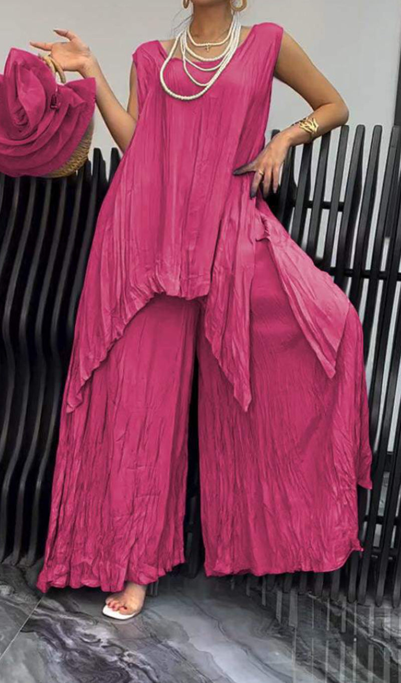 Women two-piece set in airy crinkle look with sleeveless tunic and wide palazzo pants StylebySassy