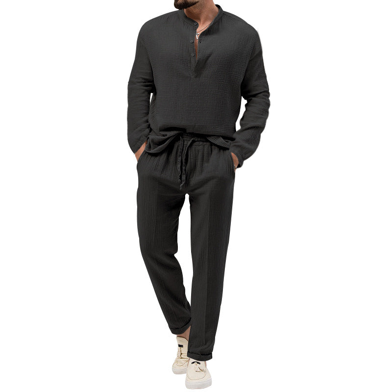 Men's muslin comfort set with semi-high collar and drawstring pants StylebySassy