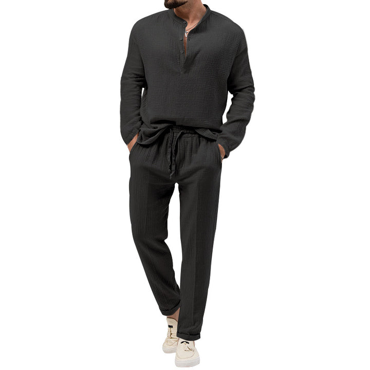 Men's muslin comfort set with semi-high collar and drawstring pants StylebySassy
