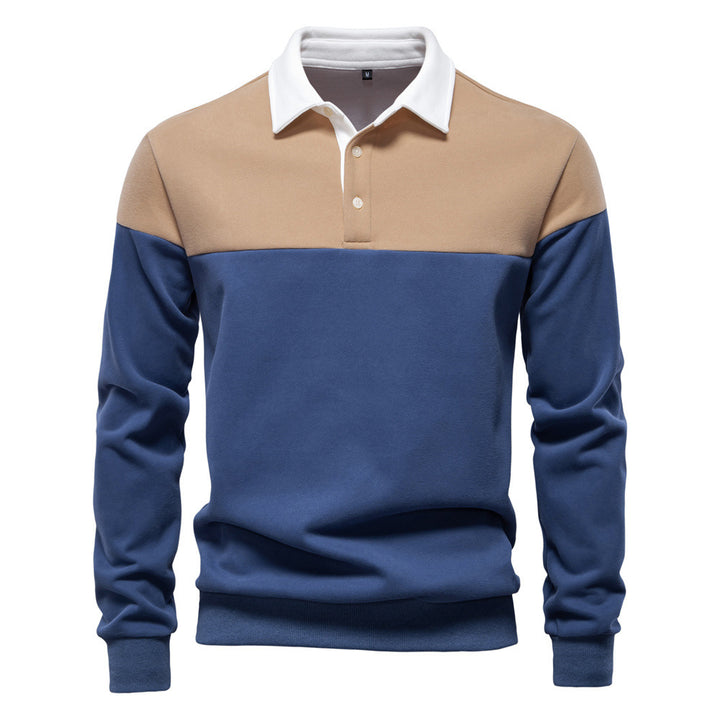 Men's sporty-elegant long-sleeve polo in rugby style with contrasting collar and wide chest panel StylebySassy