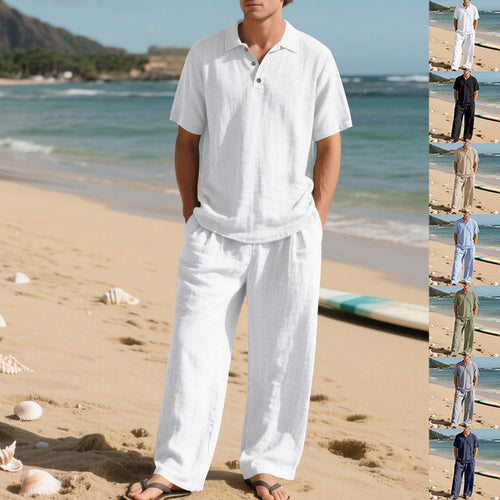 Men's airy linen ensemble with polo collar and adjustable waistband pants StylebySassy