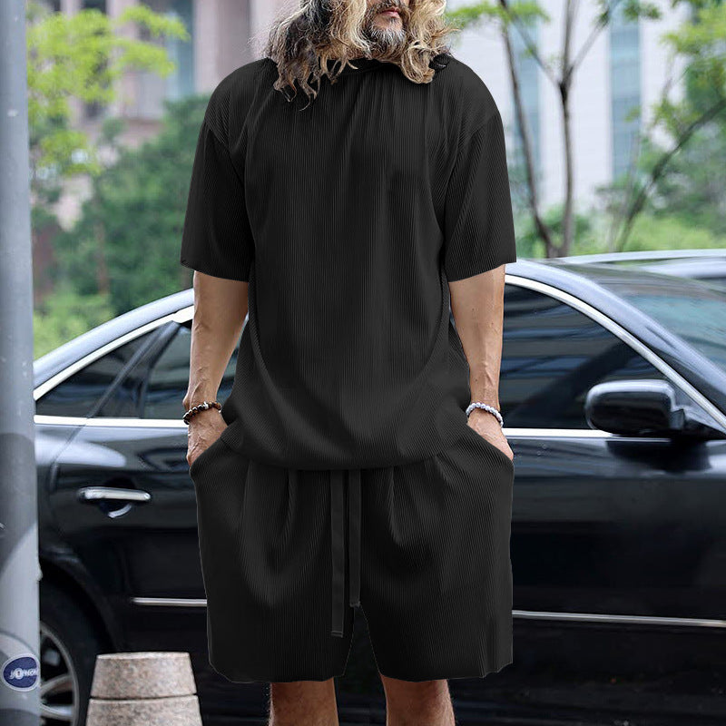 Men's modern ribbed leisure set with wide short-sleeve shirt and elastic drawstring pants StylebySassy