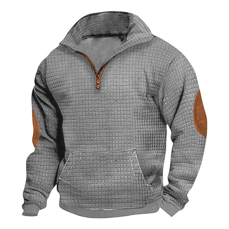 Men's structured half-zip pullover with kangaroo pocket and elbow patch StylebySassy