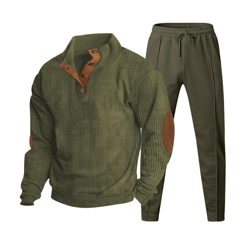 Men's ribbed Henley leisure suit with decorative button placket and suede elbow patches tapered joggers StylebySassy