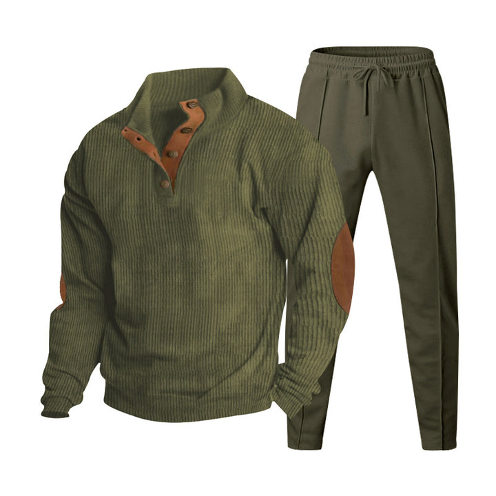 Men's ribbed Henley leisure suit with decorative button placket and suede elbow patches tapered joggers StylebySassy