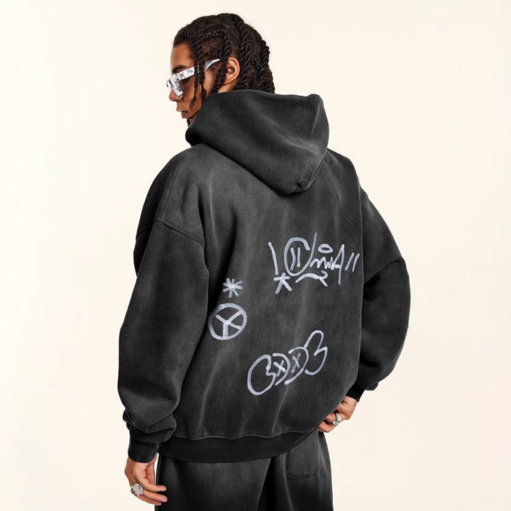 Unisex oversized hoodie jacket with full-length zipper, brushed fleece lining, and hand-like spray print StylebySassy