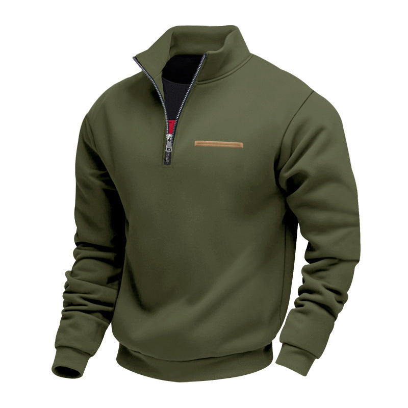 Men's half-zip sweatshirt made of heavy fleece with stand-up collar and concealed chest pocket StylebySassy