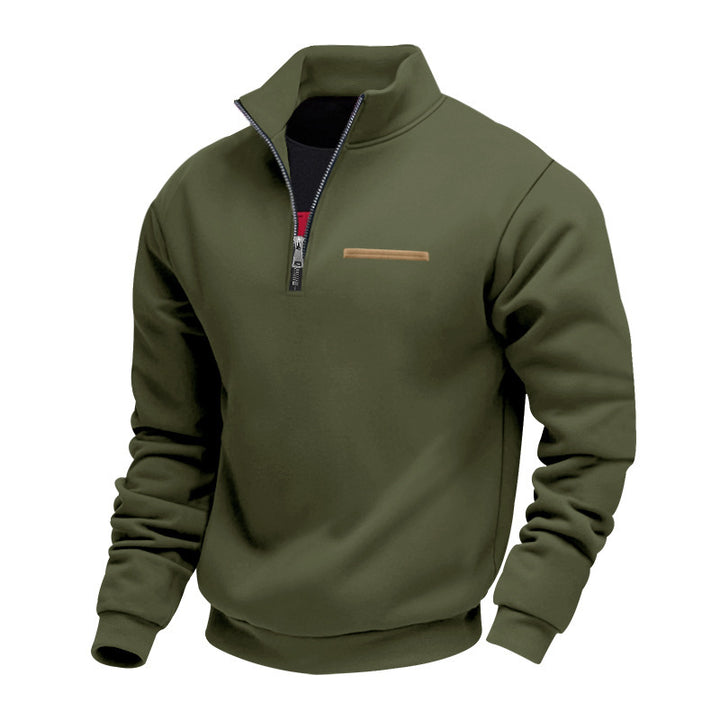 Men's half-zip sweatshirt made of heavy fleece with stand-up collar and concealed chest pocket StylebySassy