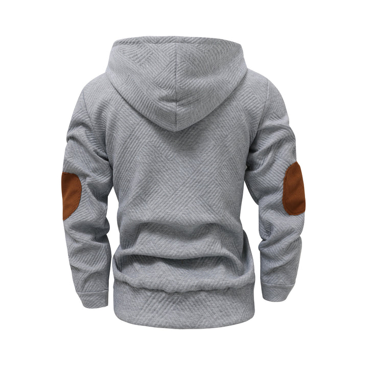 Men's structured hoodie in Henley style with contrast trim and elbow patches StylebySassy